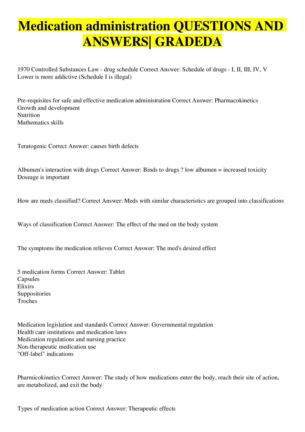 Preview image of Medication administration QUESTIONS AND ANSWERS| GRADEDA document